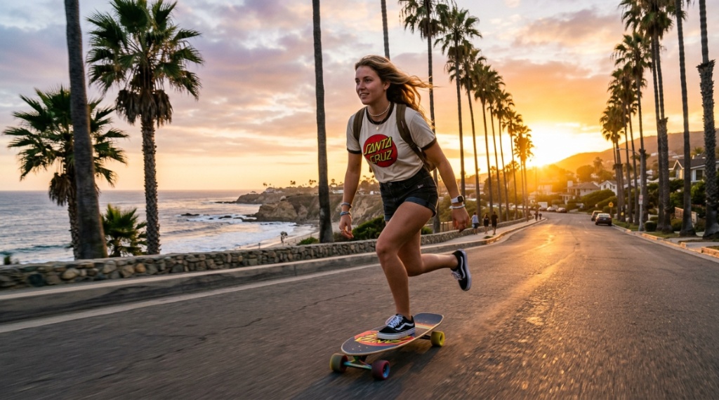 A Santa Cruz skateboard rests on a sunny California skatepark ramp.