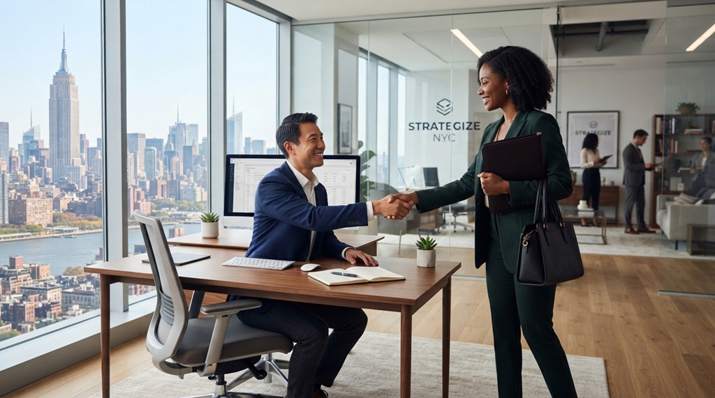 A professional man smiling neatly at his tidy workstation during a client meeting.