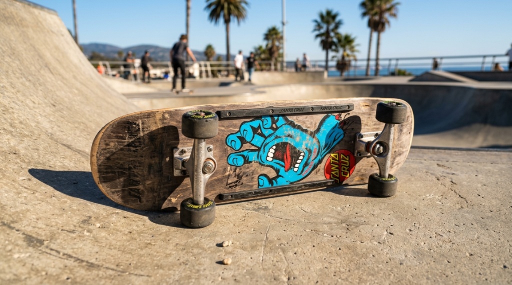 Skater riding a Santa Cruz skateboard down a California street.