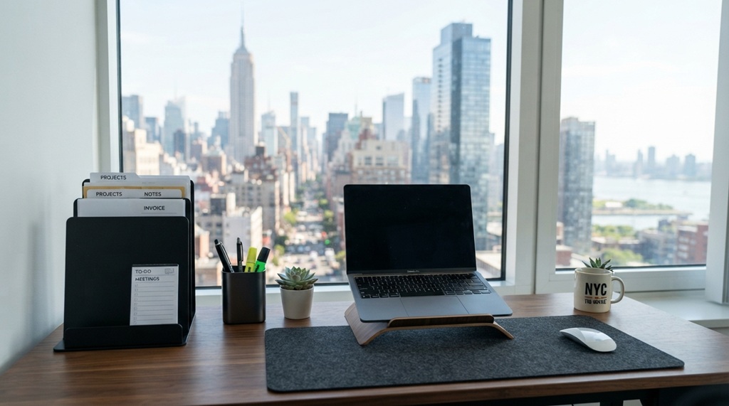 A man organizing a compact Manhattan office desk with sleek storage trays.