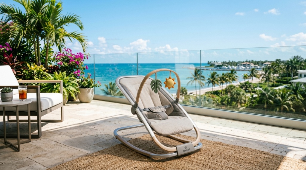 Modern baby bouncer chair sitting on a bright sunny patio.
