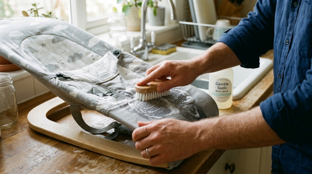 Parent's hands scrubbing the fabric cover of a baby bouncer.